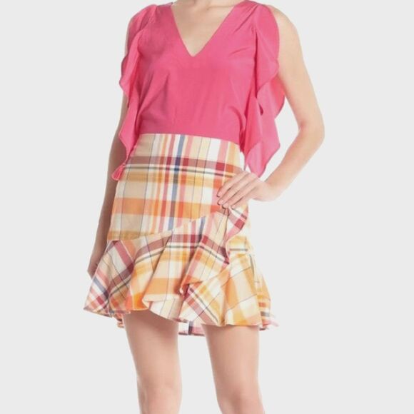 TRINA TURK NWT Madras Plaid Ruffle Wrap Mini Skirt Womens 10 Preppy Academia - Picture 1 of 10